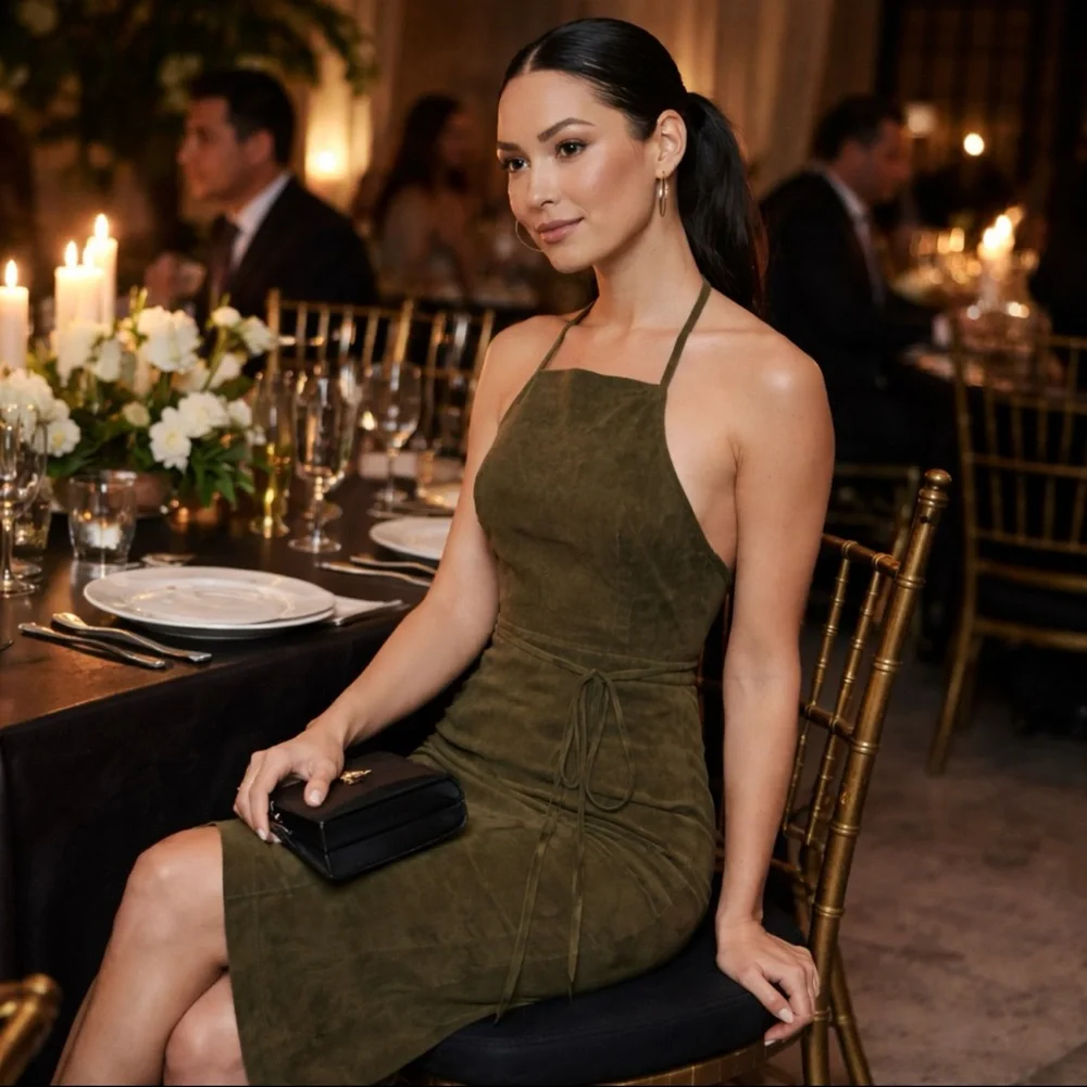 NWT Theory Lilita Suede Backless Halter Midi Dress Khaki Green Sz 4 - Picture 3 of 16